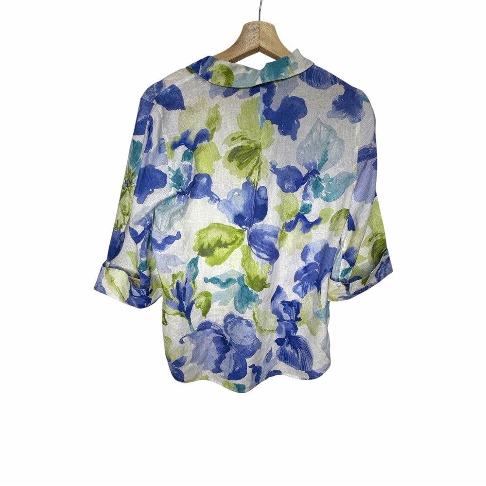 Chico's 100 linen Vibrant Blue and Green Floral Blouse
